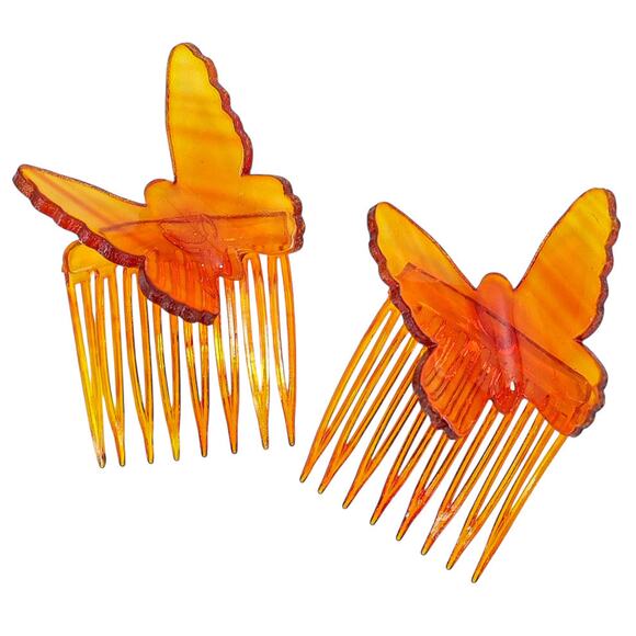Vintage Amber Celluloid Butterfly Hair Combs, Made in USA – 1940s Factory-Split - Picture 1 of 8